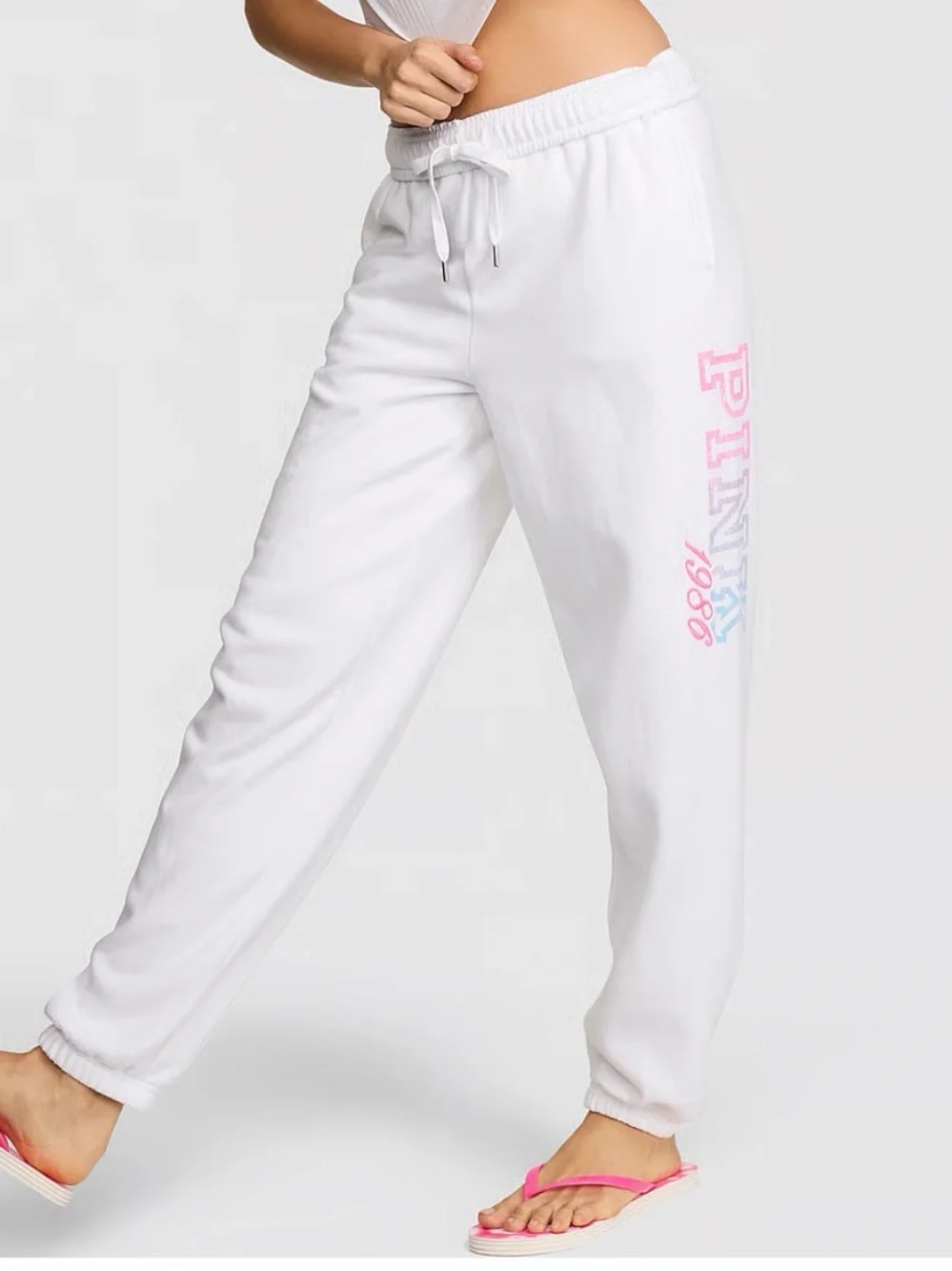 PINK Victoria's Secret White Fleece Joggers with Drawstring